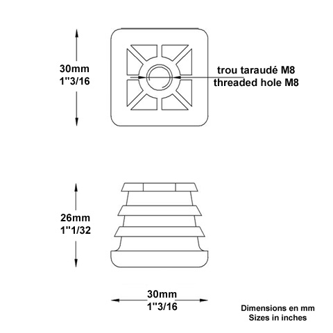 Bouchon nylon 30x30mm taraud M8 pour tube carr paisseur entre 1 et 3 mm