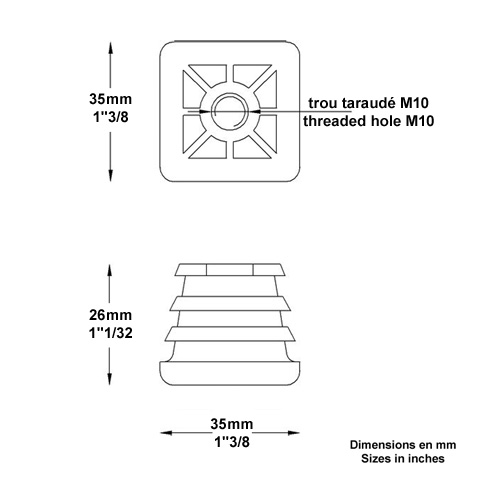 Bouchon nylon 35x35mm taraud M10 pour tube carr paisseur entre 1 et 3 mm