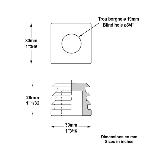 Bouchon nylon 30x30mm alsage borgne 19mm pour tube carr paisseur entre 1 et 3 mm