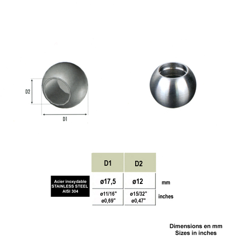 Boules pleines INOX304 17,5mm avec trou borgne 12mm IN2497 Boules embouts pour ronds INOX Boules de finition pour rond IN2497