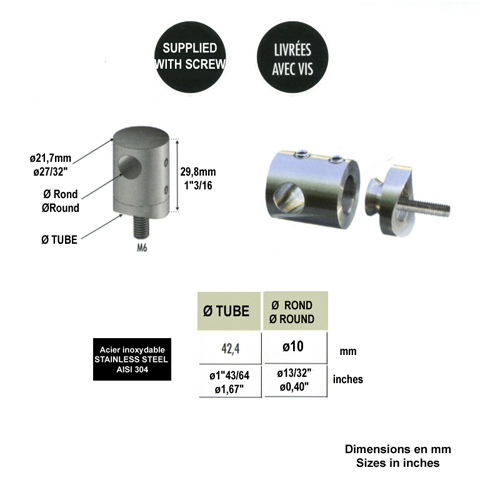 Connecteur en applique pour rond et tube Ø42,4mm IN2508 Connecteur en applique pour rond Pour tube ou poteau inox 304 IN2508