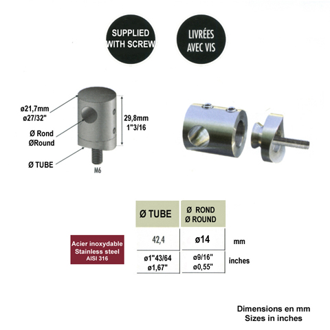 Connecteur en applique pour rond 14mm et tube 42,4mm IN2523 Connecteur applique pour rond Pour tube ou poteau inox 304 IN2523