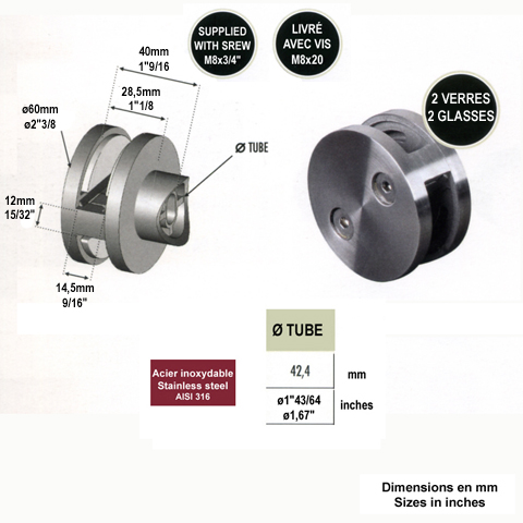 Pince  verre ronde 60mm en inox 316 pour poteau 48,3mm IN2618 Pinces  verres en applique Pince pour 2 verres IN2618