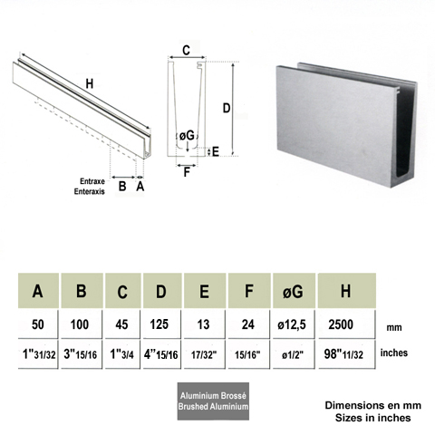 Profil aluminium pour garde corps fixation au sol IN2645 Garde-corps en verre pièces pour fixation au sol IN2645