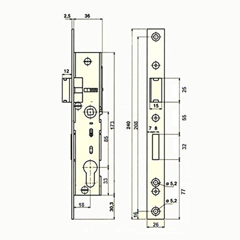 Stainless steel mortise lock with reversible bolt square profile 40mm (1,57'') FN368311 Locks for gates Mortise locks for swing gates FN368311