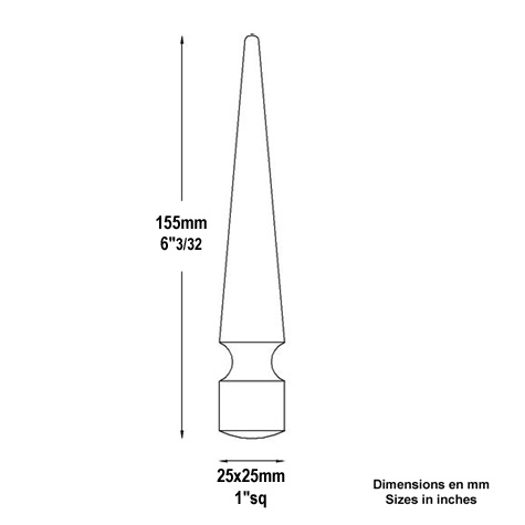 Square tapered spear point 155mm (6.10''- 6''1/16) 25mm (0.94'') (15/16'') FA1523 Spear point iron Hot stamped finials FA1523