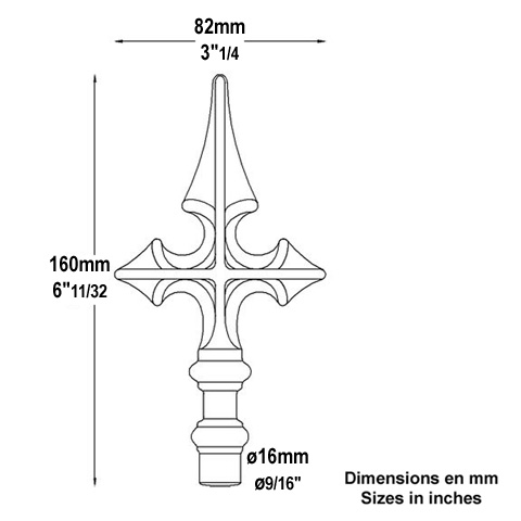 Cross shaped spear point H160mm (H6.3'') (6''5/16) FA1543 Spear point iron Hot stamped finials FA1543