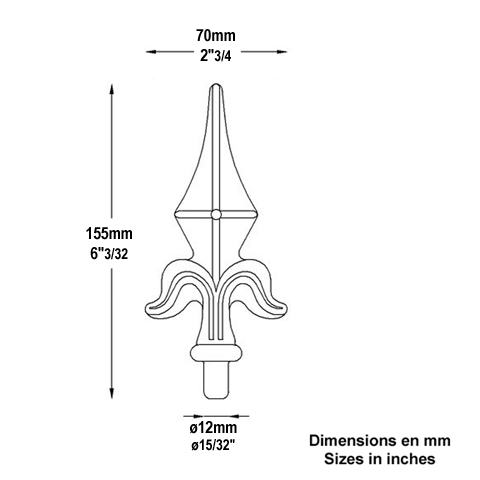 Aluminium spear point 12mm (0.47'') (15/32'') FA1652 Aluminium spear point Finials injected aluminium FA1652