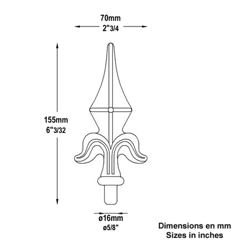 Aluminium spear point 16mm (0.63'') (5/8'') FA1653 Aluminium spear point Finials injected aluminium FA1653