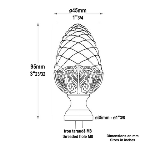 Polished brass Pine Cone H95mm (3.94'' - 3''23/32) FC1714 Balls and Post finials Polished brass posts finials FC1714