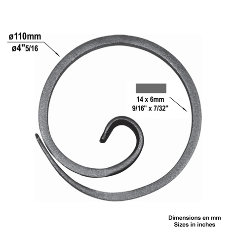 Snail ring 110mm 14x6mm (4.33'')(0.55'' x 0.2'')  (4''5/16)( 9/16'' x 1/4'') FE1932 Circles in wrought iron Rings shape spiral snail FE1932