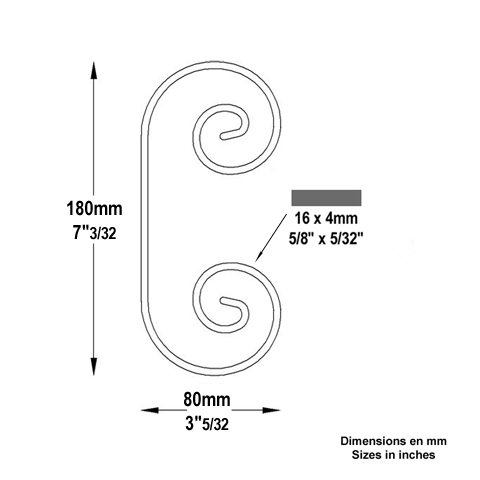 Iron scroll in C H180mm 16x4mm (H7.08'')( 0.63 x 0.15'')  (H7''3/32)(  5/8'' x 5/32'') FF2009 Scrolls in wrought iron Iron scrolls smooth ends FF2009