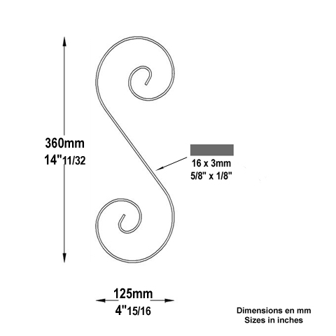 Iron scroll in S H360mm 16x3 mm (H14.17'')( 0.63 x 0.12'')  (H14''11/32)(  5/8'' x 1/8'') FF2020 Scrolls in wrought iron Iron scrolls smooth ends FF2020