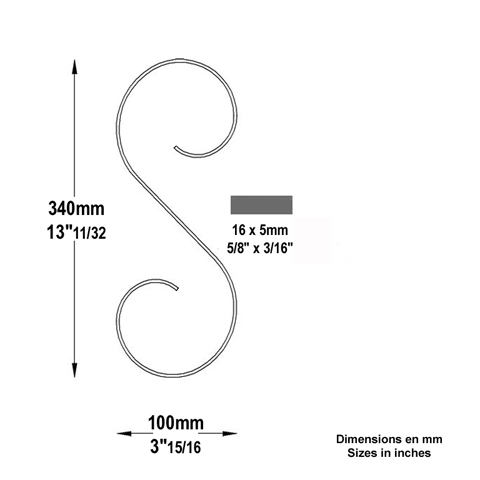 Iron scroll in S H340mm 16x5mm (H13.38'' 0.63 x 0.20'')  (H13''11/32   5/8'' x 3/16'') FF20211 Scrolls in wrought iron Iron scrolls smooth ends FF20211