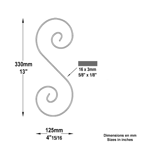 Iron scroll in S H330mm 16x3 mm (H13'')( 0.63 x 0.12'')  (H13'')( 5/8'' x 1/8'') FF2021 Scrolls in wrought iron Iron scrolls smooth ends FF2021