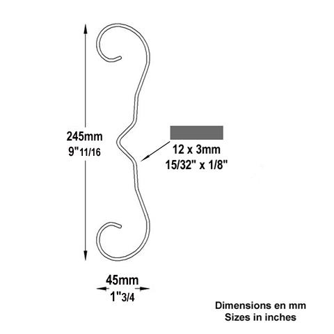 Iron scroll in ''3'' H245mm 12x3 mm (H9.64'' 0.47 x 0.12'')  (H9''11/16  15/32'' x 1/8'') FF2027 Scrolls in wrought iron Iron scrolls smooth ends FF2027
