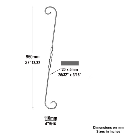 Iron scroll in S H950mm 20x5mm (H37.4'' 0.79''x 0.2'')  (H37''13/32  25/32'' x 3/16'') FF2031 Scrolls in wrought iron Iron scrolls smooth ends FF2031