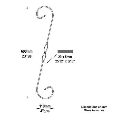 Iron scroll in S H600mm 20x5mm (H23.6'' 0.79''x 0.2'')  (H23''5/8  25/32'' x 3/16'') FF2033 Scrolls in wrought iron Iron scrolls smooth ends FF2033
