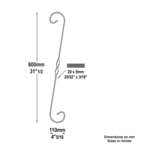 Iron scroll in S H800mm 20x5mm (H31.5'' 0.79''x 0.2'')  (H31''1/2  25/32'' x 3/16'') FF2034 Scrolls in wrought iron Iron scrolls smooth ends FF2034
