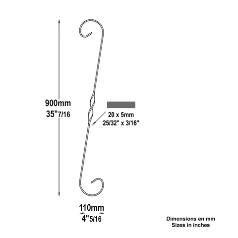 Iron scroll in S H900mm 20x5mm (H35.4'' 0.79''x 0.2'')  (H35''7/16  25/32'' x 3/16'') FF2035 Scrolls in wrought iron Iron scrolls smooth ends FF2035