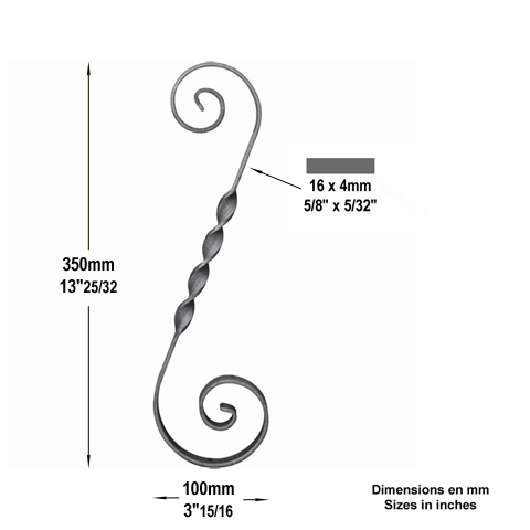 Iron scroll in S H360mm 16x4mm (H14.17'' 0.63 x 0.15'')  (H14''3/16  5/8'' x 5/32'') FF2036 Scrolls in wrought iron Iron scrolls smooth ends FF2036