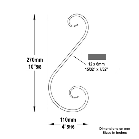 Iron scroll in S H270mm 12x6mm (H10.63'' 0.47 x 0.24'')  (H10''5/8  15/32'' x 1/4'') FF2066 Scrolls in wrought iron Iron scrolls forged ends FF2066