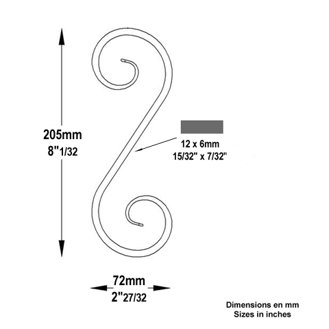 Iron scroll in S H205mm 12x6mm (H8.07'' 0.47 x 0.24'')  (H8''1/32  15/32'' x 1/4'') FF2075 Scrolls in wrought iron Iron scrolls forged ends FF2075