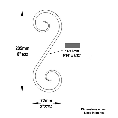 Iron scroll in S H205mm 14x6mm (H8.07'' 0.55'' x 0.24'')  (H8''1/32  9/16'' x 1/4'') FF2076 Scrolls in wrought iron Iron scrolls forged ends FF2076
