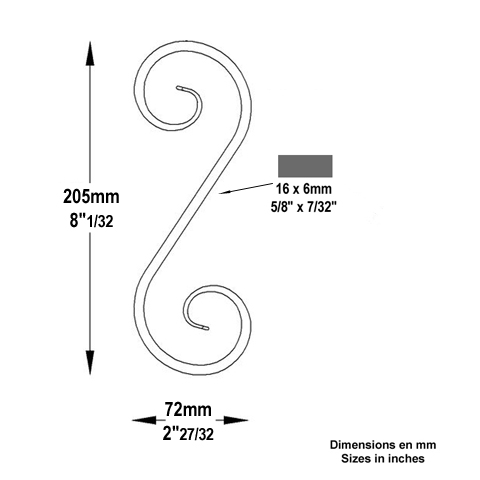 Iron scroll in S H205mm 16x6mm (H8.07'' 0.63 x 0.24'')  (H8''1/32  5/8'' x 1/4'') FF2077 Scrolls in wrought iron Iron scrolls forged ends FF2077