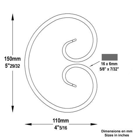 Iron scroll in C H150mm 16x6mm (H5.91'')( 0.63'' x 0.24'')  (H5''29/32)( 5/8'' x 1/4'') FF2083 Scrolls in wrought iron Iron scrolls forged ends FF2083
