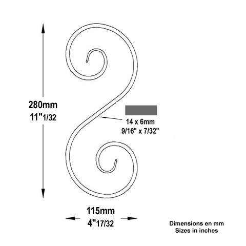 Iron scroll in S H280mm  14x6mm (H11.02'' 0.55'' x 0.2'')  (H11''1/32  9/16'' x 1/4'') FF2084 Scrolls in wrought iron Iron scrolls forged ends FF2084