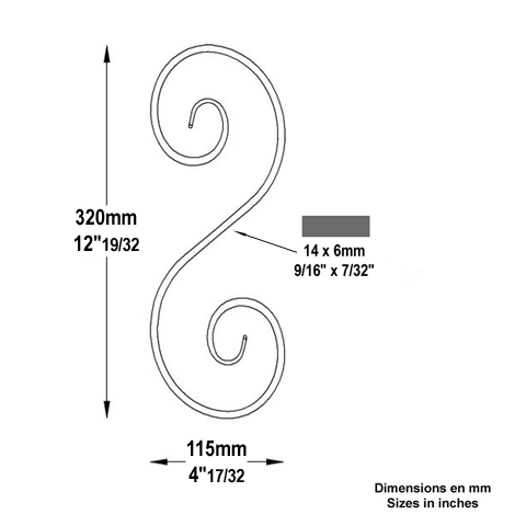 Iron scroll in S H320mm 14x6mm (H12.59'' 0.55'' x 0.24'')  (H12''19/32  9/16'' x 1/4'') FF2085 Scrolls in wrought iron Iron scrolls forged ends FF2085