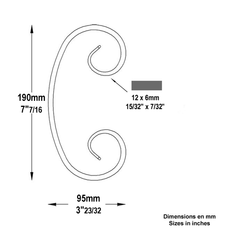 Iron scroll in C H190mm 12x6mm (H7.48''-0.47''x0.24'')  (H7''7/16  15/32'' x 1/4'') FF2095 Scrolls in wrought iron Iron scrolls forged ends FF2095