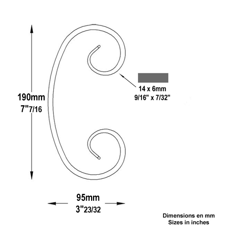 Iron scroll in C H190mm 14x6mm (H7.5'' 0.47 x 0.2'')  (H7''7/16  9/16'' x 1/4'') FF2096 Scrolls in wrought iron Iron scrolls forged ends FF2096