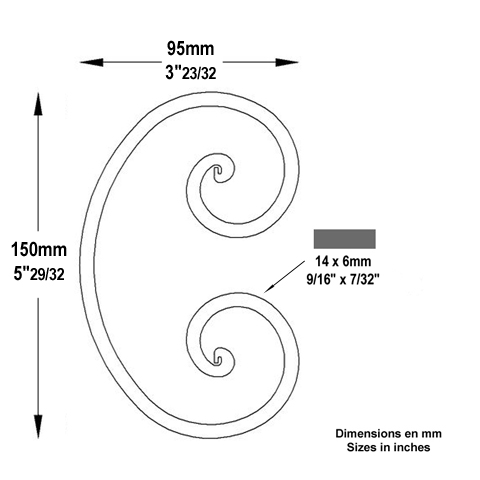 Scroll end core in C H150mm 14x6mm (H5.91'')(6'' 0.55'' x 0.24'')  (H5''29/32)(  9/16'' x 1/4'') FF2197 Scrolls in wrought iron Iron scrolls ends core FF2197
