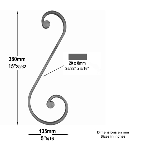 Scroll end core in S H380mm 20x8mm (H14.96''- 0.79''x 0.32'')  (H14''31/32''- 25/32'' x 5/16'') FF2199 Scrolls in wrought iron Iron scrolls ends core FF2199