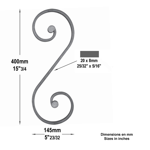 Scroll end core in S H400mm 20x8mm (H15.74'')( 0.79''x 0.32'')  (H15''3/4)( 25/32''x 5/16'') FF2200 Scrolls in wrought iron Iron scrolls ends core FF2200