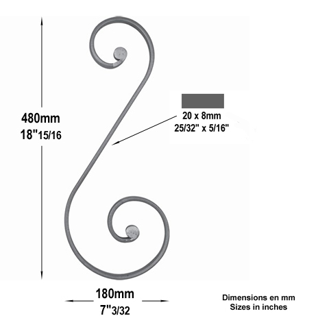 Scroll end core in S H480mm 20x8mm (H18.89'' 0.79''x 0.32'')  (H18''15/16  25/32'' x 5/16'') FF2201 Scrolls in wrought iron Iron scrolls ends core FF2201