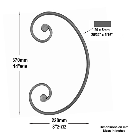 Scroll end core in C H370mm 20x8mm (H14.57'' 0.79''x 0.32'')  (H14''9/16  25/32'' x 5/16'') FF2202 Scrolls in wrought iron Iron scrolls ends core FF2202
