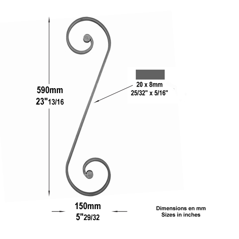 Scroll end core in S H590mm 20x8mm (H23.23'')( 0.79''x 0.32'')  (H23''13/16)(  25/32'' x 5/16'') FF2203 Scrolls in wrought iron Iron scrolls ends core FF2203
