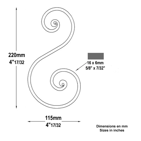 Scroll end core in S H220mm 16x6mm (H8.66'' 0.63''x 0.24'')  (H8''21/32  5/8'' x 1/4'') FF2206 Scrolls in wrought iron Iron scrolls ends core FF2206