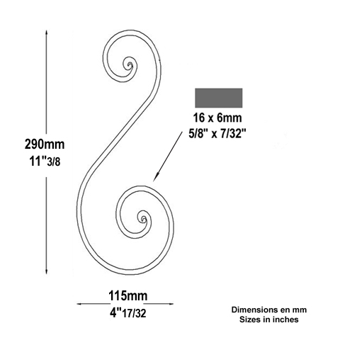 Scroll end core in S H290mm 16x6mm (H11.42'')( 0.63''x0.24'')  (H11''3/8)(  5/8'' x 1/4'') FF2207 Scrolls in wrought iron Iron scrolls ends core FF2207