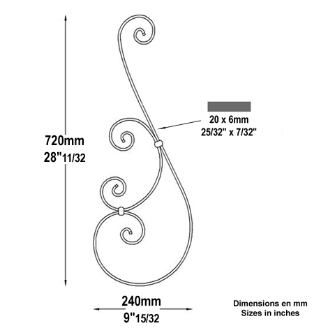 Aluminium scroll in S H720mm 20x6mm (H28.35'' 0.79''x 0.2'')  (H28''11/32  25/32'' x 1/4'') FF2246 Scrolls in wrought iron Iron scrolls assembled FF2246