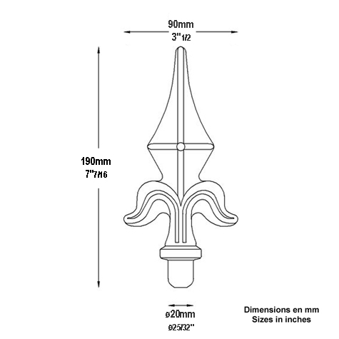Pointe de lance 190mm diametre 20mm forme de lys estampée acier