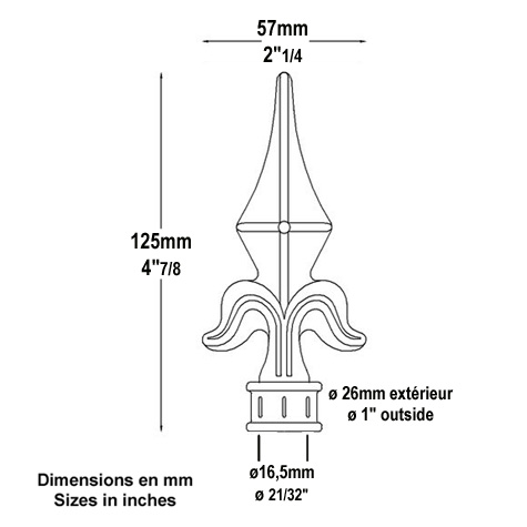 Pointe de lance 125mm diamètre 16mm en forme de fleur de lys