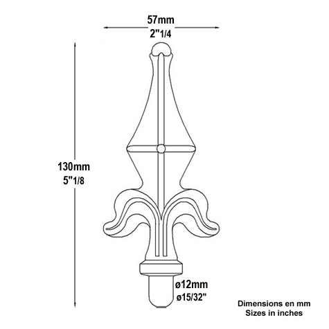 Pointe de lance 130mm diamtre 16mm en forme de fleur de lys estampe acier avec bague