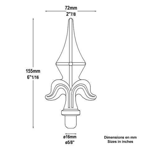 Pointe de lance 155mm diamtre 16mm en forme de fleur de lys fer estamp
