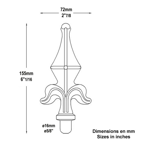 Pointe de lance 155mm diamtre 16mm  fleur de lys estampe