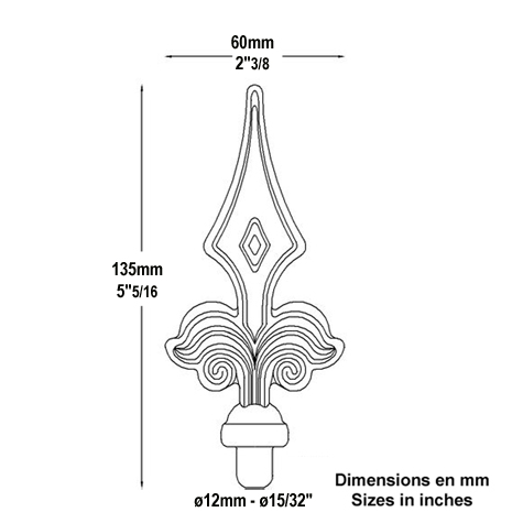 Fer de lance - Pointe de lance 135mm diamètre 12mm fleur de lys acier à souder