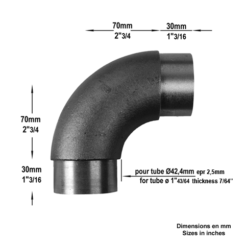 Coude 90 de main courante en acier pour tube 42,4mm epr 2,5mm